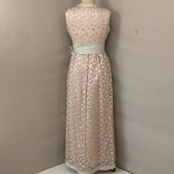 Sixties Silver & Pink Metallic Gown 60s Designer Maxi Feminine Glitter Sz 8 10